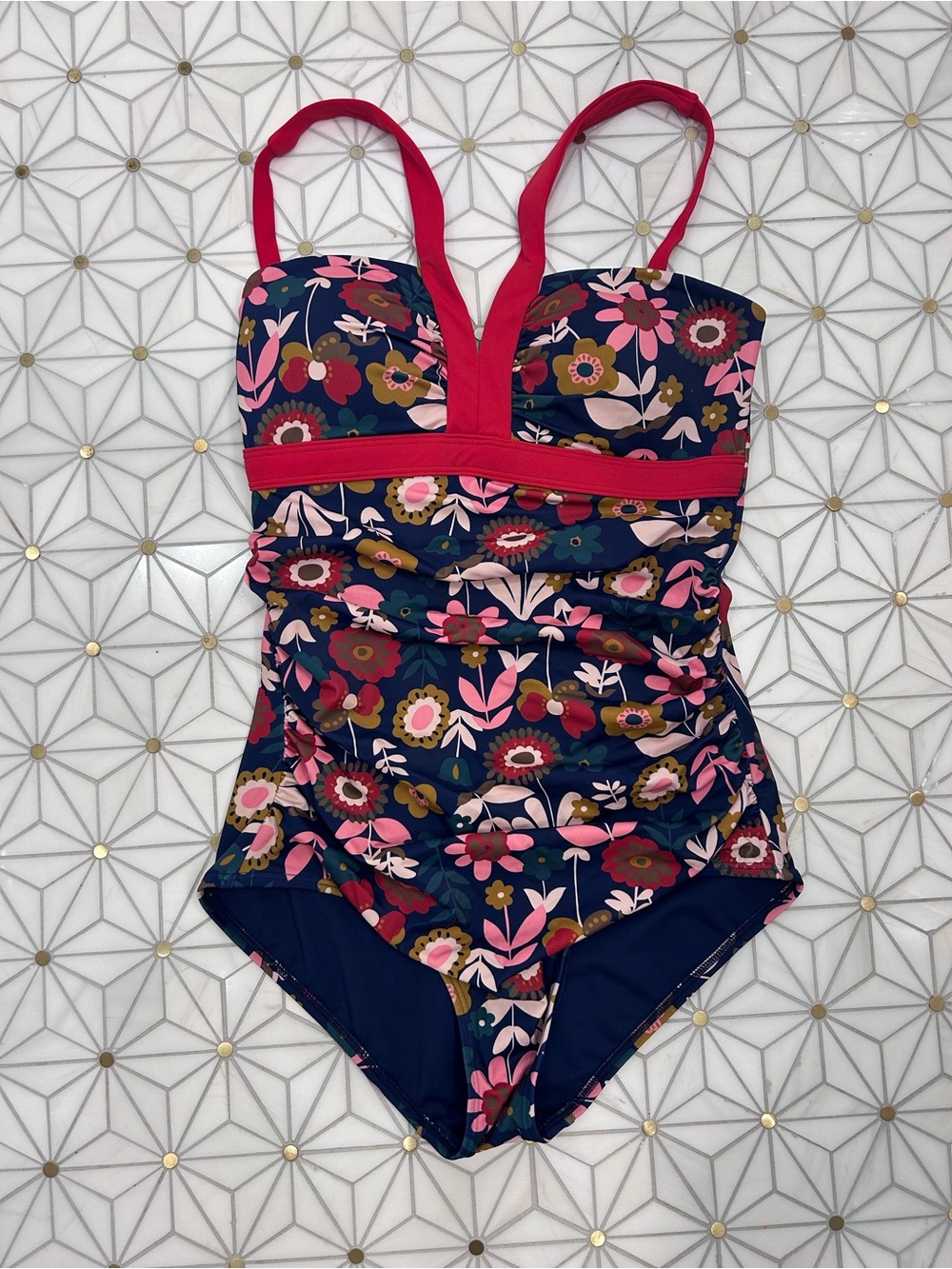 Boden Navy Floral One-Piece Swimsuit with Pink Straps - Women's Size 8 Long